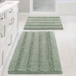 Chikase H.VERSAILTEX Sage Bathroom Rugs, Bath Mat Set of 2 Extra Thick Chenille Striped Pattern Shaggy Bath Rugs for Bath Room, Non Skid Bath Mats for Bathroom Floor (32 x 20 Plus 24 x 17 - Inches)