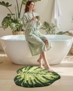 Chikase Leaf Bathroom Rugs Monstera, 23.5x31.5 Soft Fluffy Cute Bath Mat with Non Slip Backing, Washable Absorbent Bath Rug Quick Dry for Shower Floor, Toilet, Bedroom, Kids Room, Green - Image 6