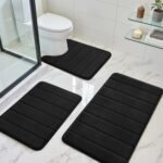 Chikase Black Memory Foam Bathroom Rug Set 3 Piece, Non Slip Extra Soft Absorbent Washable & Dry Toilet Bath Mat Sets