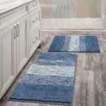 Chikase Vaukki Luxury Soft Bathroom Rugs Set of 2, Non Slip Washable Plush Bath Floor Mats, Microfiber Shaggy Absorbent Striped Bath Carpet for Tub, Bathroom and Shower (18''x26''+20''x32'', Blue)