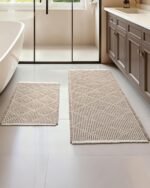 Chikase Waffle Bath Mat Set, Non Slip Bathroom Rugs Sets 2 Piece, Ultra Absorbent Long Bath Rug Runner for Bathroom Boho Chic Decor, Machine Washable Floor Mats, Brown & White, 20"×47" Plus 18"×30"