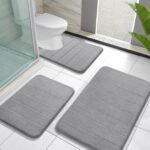 Chikase Yimobra Memory Foam Bath Mat Set 3 Pieces- Super Soft Absorbent Quick Dry Bathroom Rug Sets, Machine Washable Non Slip Floor Carpet for Tub Shower, Vanity & Toilet Base, Gray