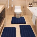 Chikase ACCUMTEK Striped Navy Blue Bathroom Rug Set 3 Pieces Ultra Soft, Non Slip Chenille Toilet Mat, Absorbent Plush Shaggy Bath Mats for Bathroom, Bedroom, Kitchen